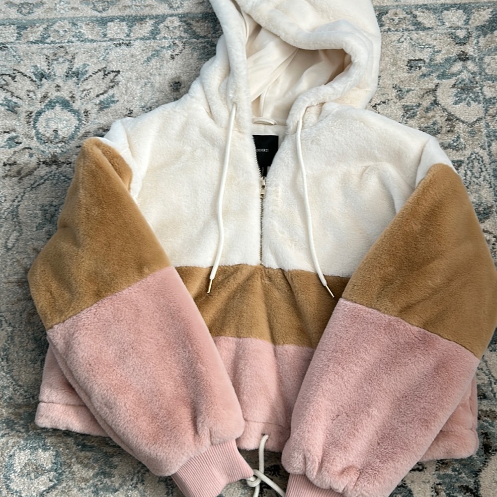 Forever 21 Striped Fuzy Hooded Quarter-Zip Pullover